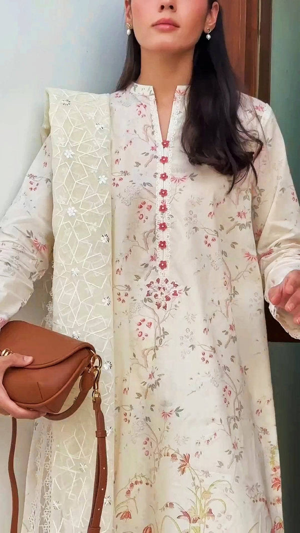 Spotted in Cross Stitch Lawn 24/Ivory Glow/Embroidered Organza Dupatta